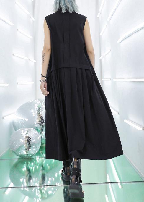 Stand Collar Pockets Cotton Summer Dresses Sewing Black Long Dresses