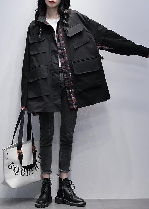 Stand Collar Pockets Coats Khaki Patchwork Plaid Jackets