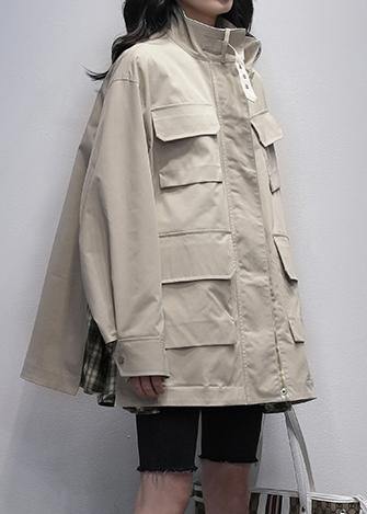 Stand Collar Pockets Coats Khaki Patchwork Plaid Jackets