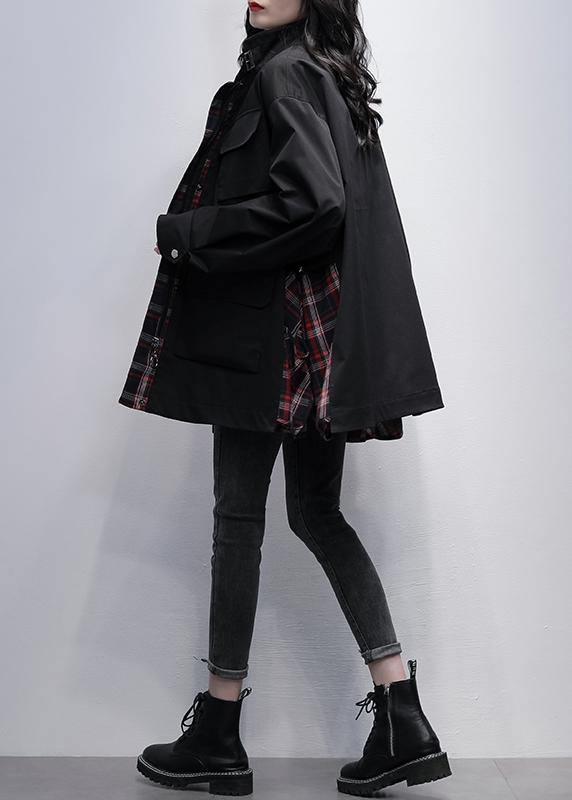 Stand Collar Pockets Coats Khaki Patchwork Plaid Jackets