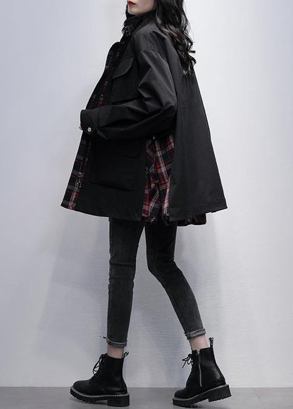 Stand Collar Pockets Coats Khaki Patchwork Plaid Jackets