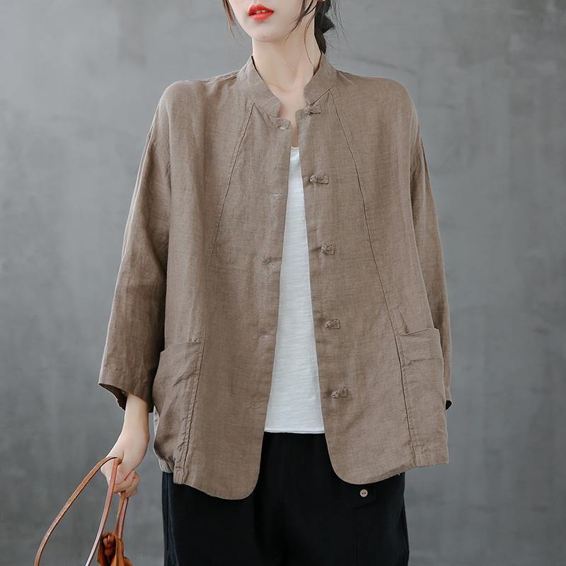 Stand Collar Pockets Tunics Sewing Dark Blue Top