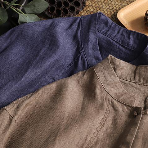 Stand Collar Pockets Tunics Sewing Dark Blue Top