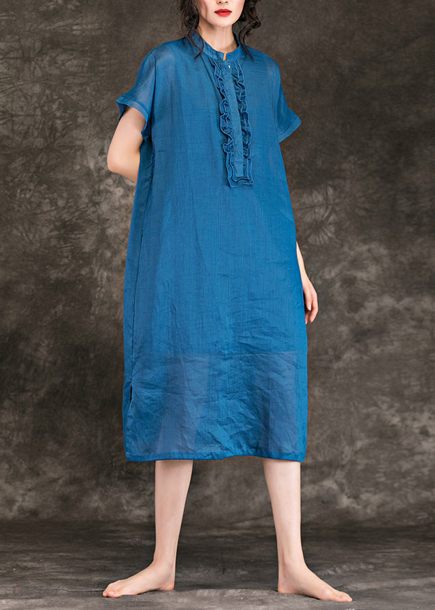Stand Collar Side Open Linen Dresses Christmas Gifts Blue Baggy Dress Summer