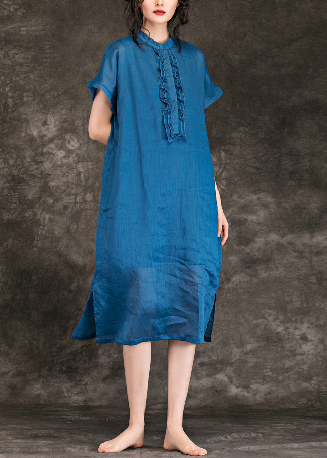 Stand Collar Side Open Linen Dresses Christmas Gifts Blue Baggy Dress Summer