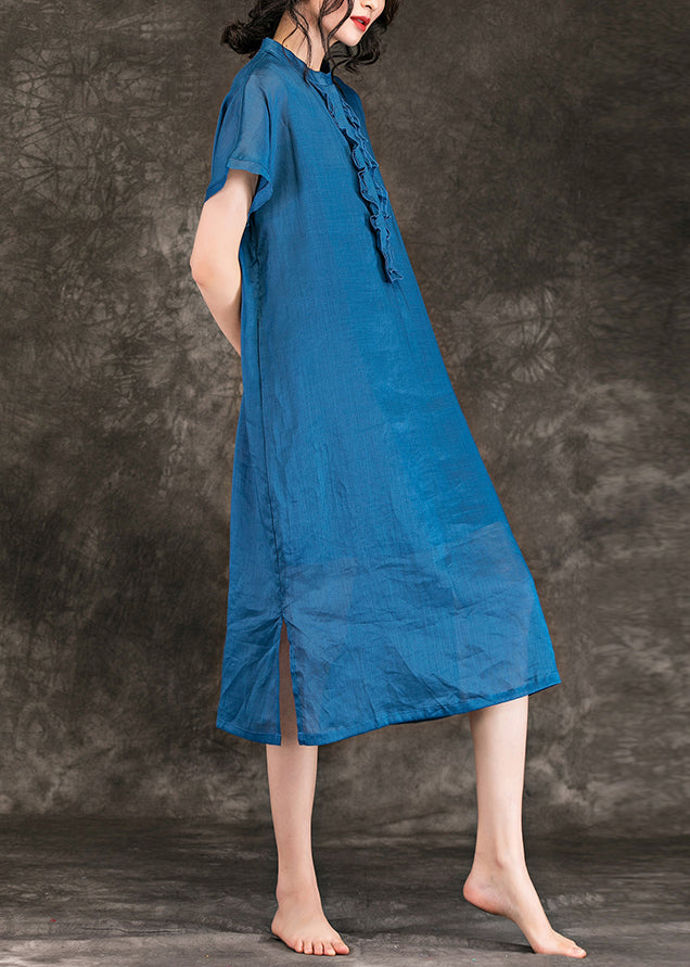 Stand Collar Side Open Linen Dresses Christmas Gifts Blue Baggy Dress Summer