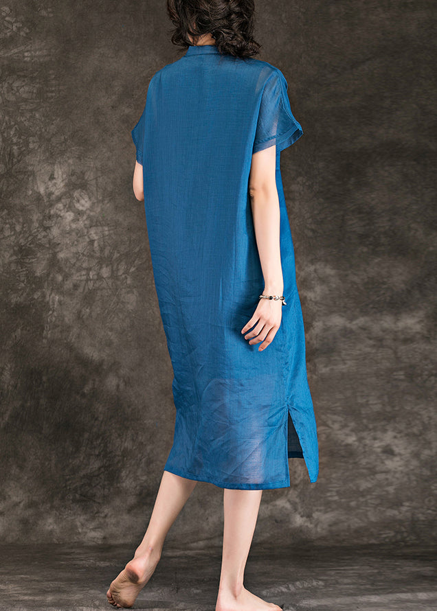 Stand Collar Side Open Linen Dresses Christmas Gifts Blue Baggy Dress Summer