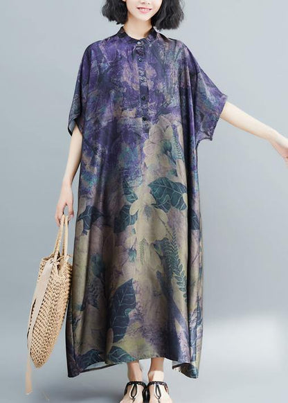 Stand Collar Tunic Dress Runway Dark Purple Print Robe Dress Summer