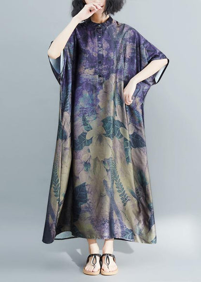Stand Collar Tunic Dress Runway Dark Purple Print Robe Dress Summer