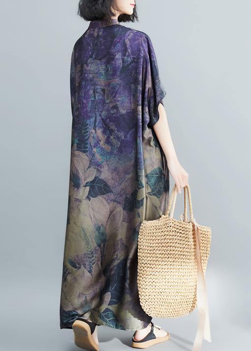 Stand Collar Tunic Dress Runway Dark Purple Print Robe Dress Summer