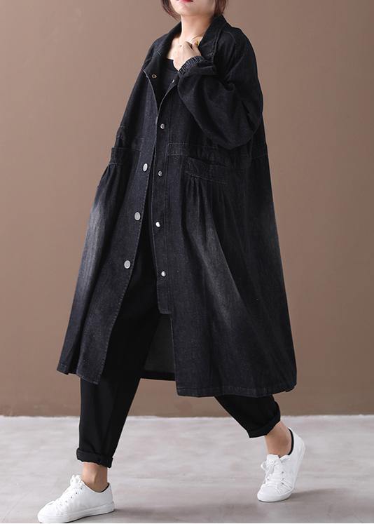 Stand Collar Cinched Coat Denim Black Loose Outwears