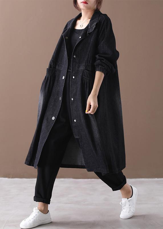 Stand Collar Cinched Coat Denim Black Loose Outwears