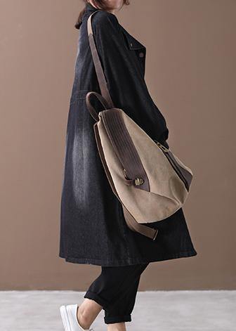 Stand Collar Cinched Coat Denim Black Loose Outwears