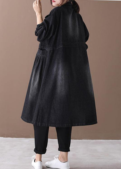 Stand Collar Cinched Coat Denim Black Loose Outwears