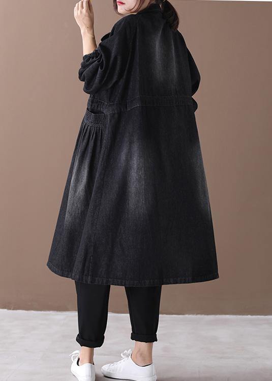 Stand Collar Cinched Coat Denim Black Loose Outwears