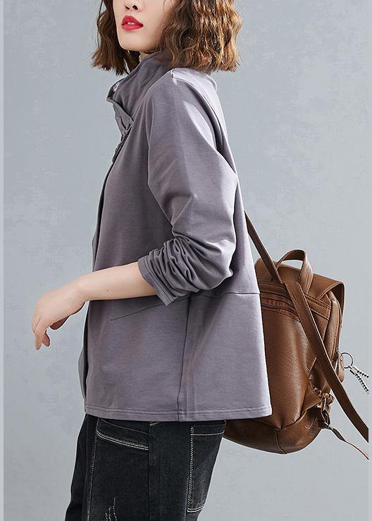 Stand Collar Zippered Clothes Photography Gray Blouses