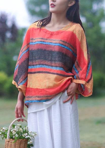 Striped Linen Shirts O Neck Batwing Sleeve Loose Summer Blouses