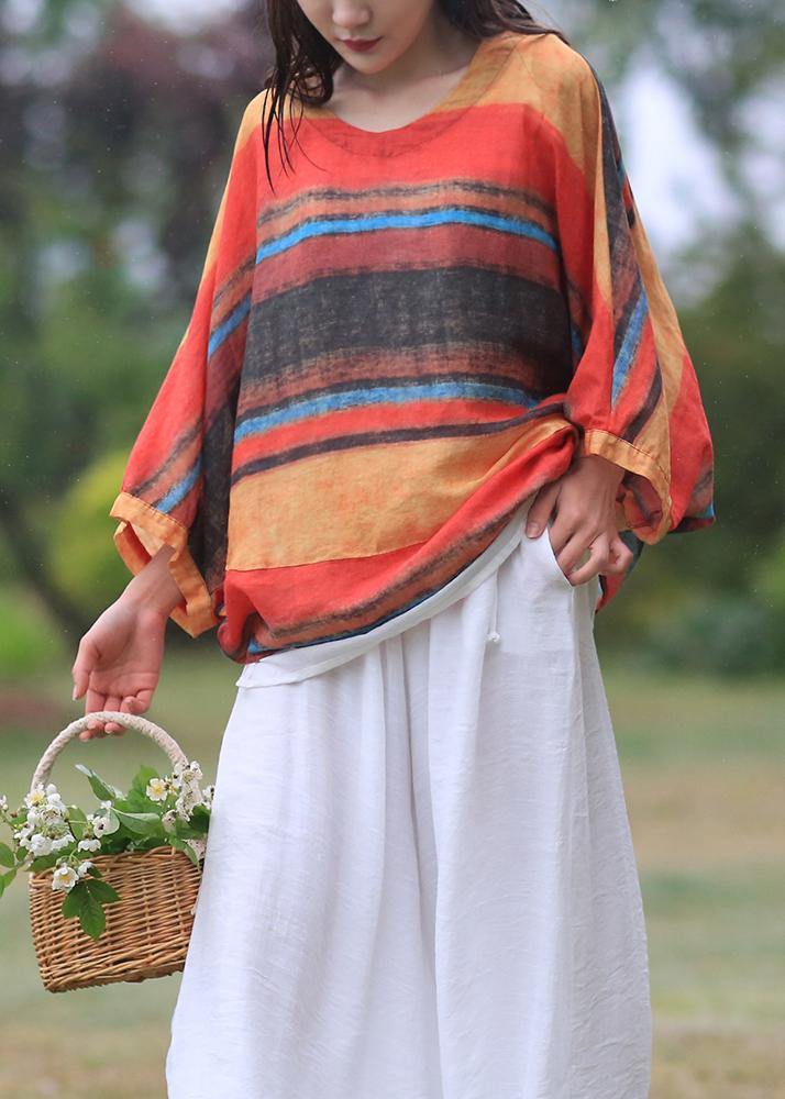 Striped Linen Shirts O Neck Batwing Sleeve Loose Summer Blouses