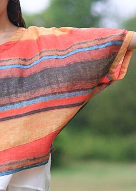 Striped Linen Shirts O Neck Batwing Sleeve Loose Summer Blouses