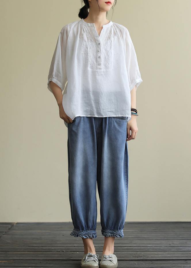 Summer V Neck Cotton Clothes for White Short Shirt