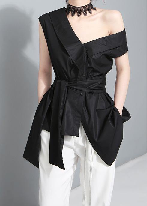 Tie Waist Cotton Crane Tops Sleeve Black Blouses Summer