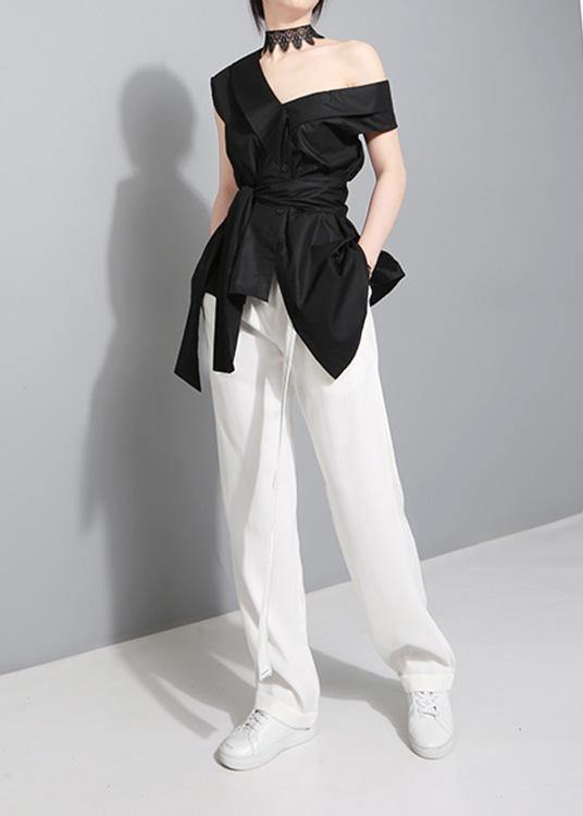 Tie Waist Cotton Crane Tops Sleeve Black Blouses Summer