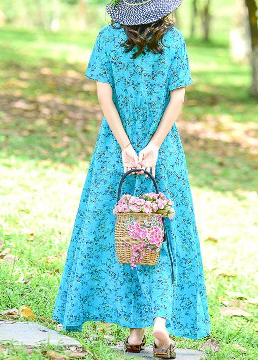 Tie Waist Cotton Dress Tutorials Blue Print Long Dress Summer