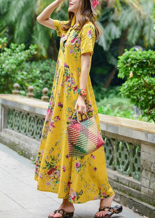 Tie Waist Cotton Quilting Dresses Design Yellow Print Dresses Summer