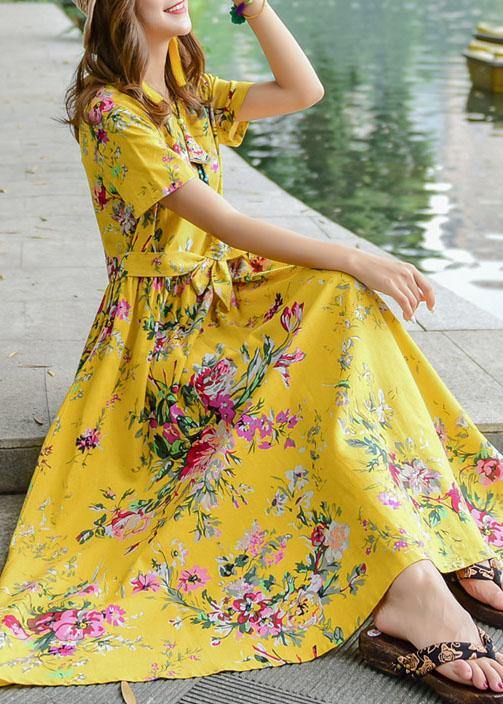 Tie Waist Cotton Quilting Dresses Design Yellow Print Dresses Summer