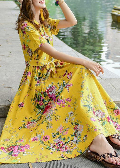 Tie Waist Cotton Quilting Dresses Design Yellow Print Dresses Summer