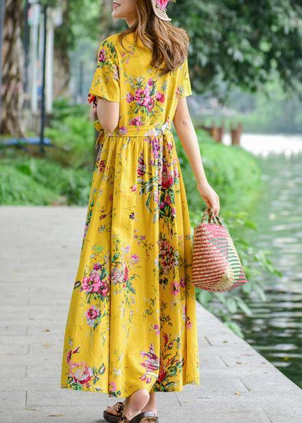 Tie Waist Cotton Quilting Dresses Design Yellow Print Dresses Summer
