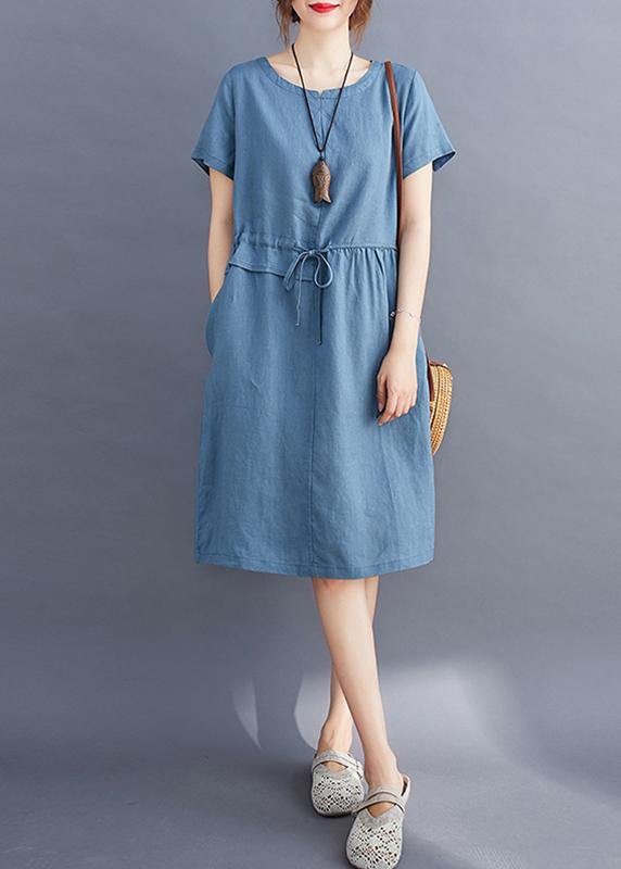 Tie Waist O Neck Linen Summer Robes Wardrobes Blue Dress