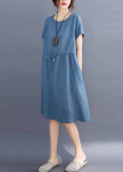 Tie Waist O Neck Linen Summer Robes Wardrobes Blue Dress