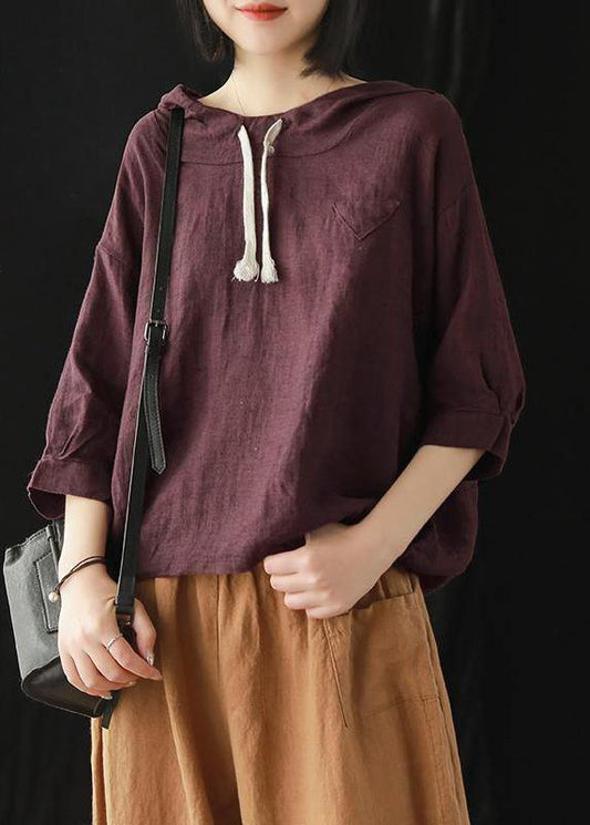 Top Silhouette Linen Summer Literary Burgundy Hooded Three Quarter Sleeve T-shirt