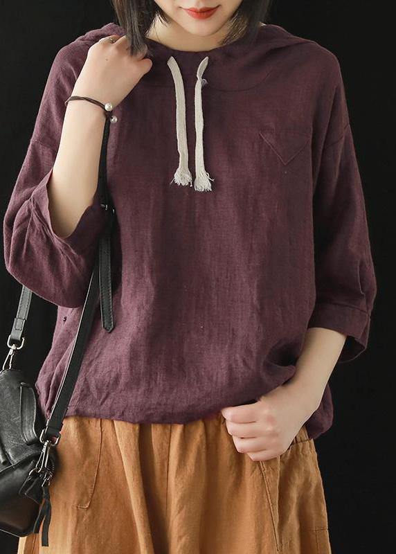 Top Silhouette Linen Summer Literary Burgundy Hooded Three Quarter Sleeve T-shirt