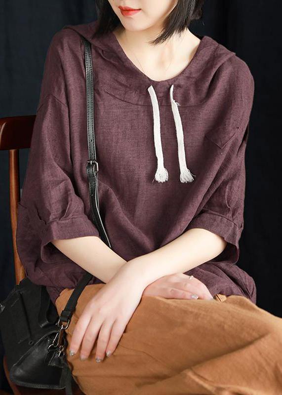 Top Silhouette Linen Summer Literary Burgundy Hooded Three Quarter Sleeve T-shirt