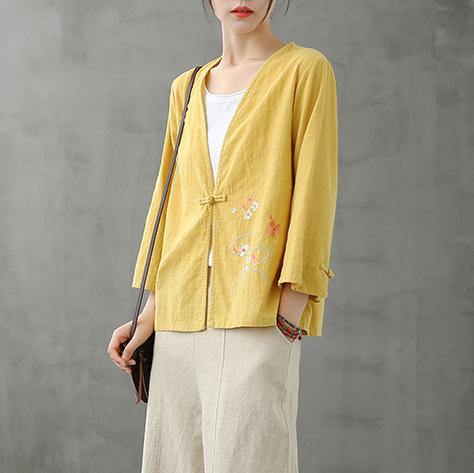 V Neck Chinese Button Tops Blouses Pattern Yellow Shirts