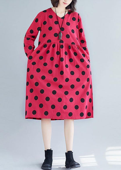 V Neck Cotton Quilting Dresses Tunic Tops Red Dotted Dress Fall