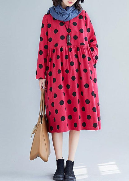 V Neck Cotton Quilting Dresses Tunic Tops Red Dotted Dress Fall