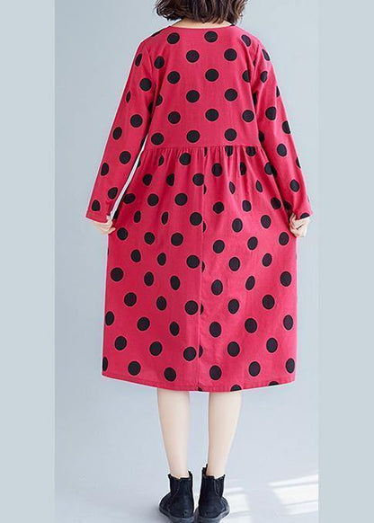 V Neck Cotton Quilting Dresses Tunic Tops Red Dotted Dress Fall