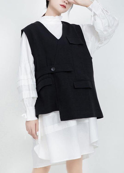 V Neck Fine Sleeveless Outwear Black Silhouette Coats