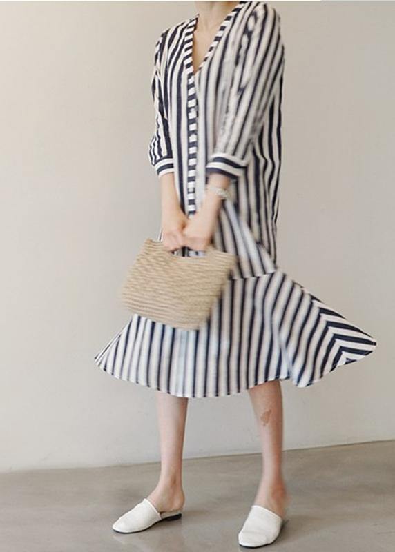 V Neck Ruffles Cotton Clothes Neckline Striped Dresses
