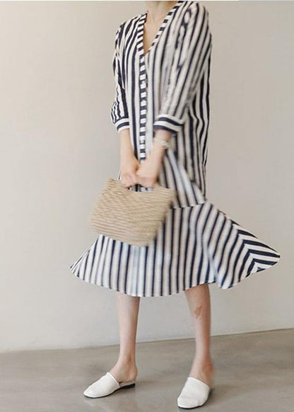 V Neck Ruffles Cotton Clothes Neckline Striped Dresses