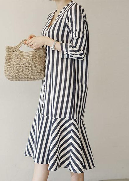 V Neck Ruffles Cotton Clothes Neckline Striped Dresses