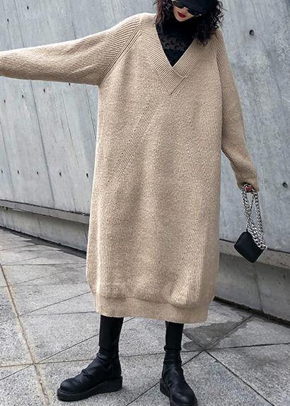 V Neck Sweater Dress Outfit Largo Khaki Tunic Sweater Dress