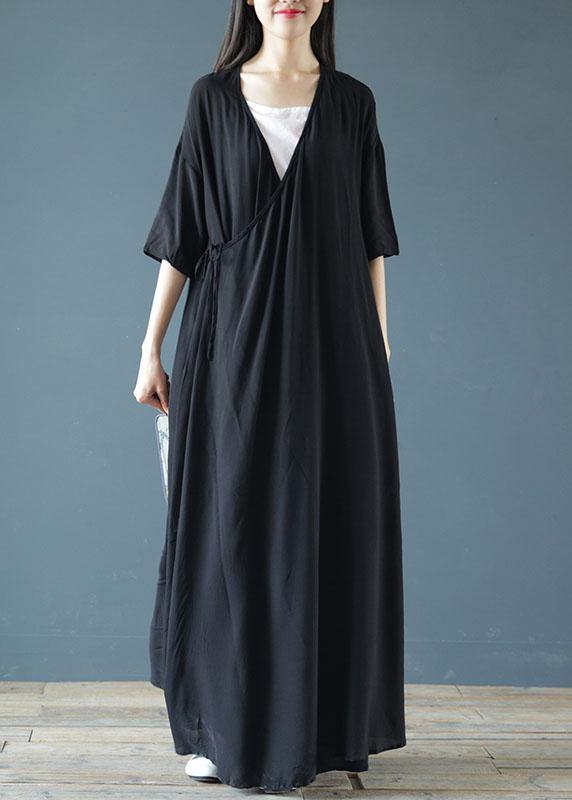 V Neck Asymmetric Cotton Summer Tunics Pattern Black Maxi Dresses