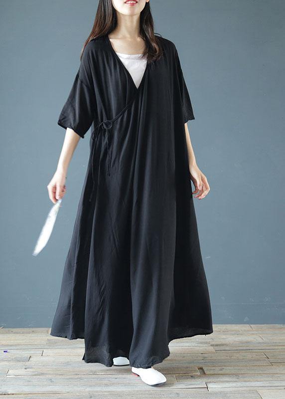 V Neck Asymmetric Cotton Summer Tunics Pattern Black Maxi Dresses