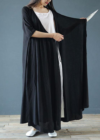 V Neck Asymmetric Cotton Summer Tunics Pattern Black Maxi Dresses