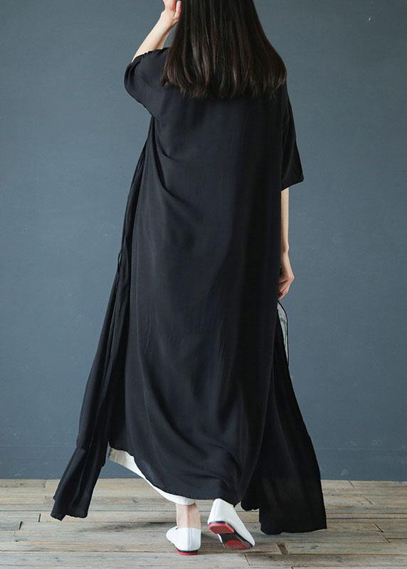 V Neck Asymmetric Cotton Summer Tunics Pattern Black Maxi Dresses