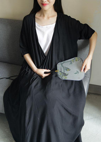 V Neck Asymmetric Cotton Summer Tunics Pattern Black Maxi Dresses